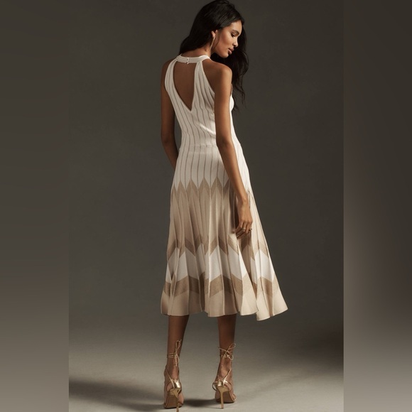 By Anthropologie Pleated Drop Waist Beige Chevron Knit Midi Dress Size Small - Picture 2 of 13